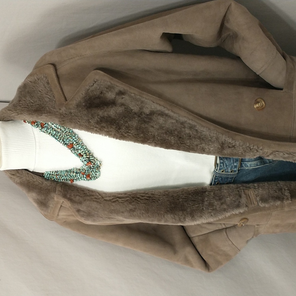 Vintage Shearling Coat USA Made Sawyer Napa Taupe Maxi Oversized Warm SeeMeasure - Picture 3 of 16
